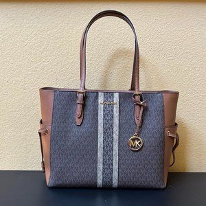 Michael Kors Gilly Large Drawstring Travel Tote Bag Center Stripe MK Brown Multi
